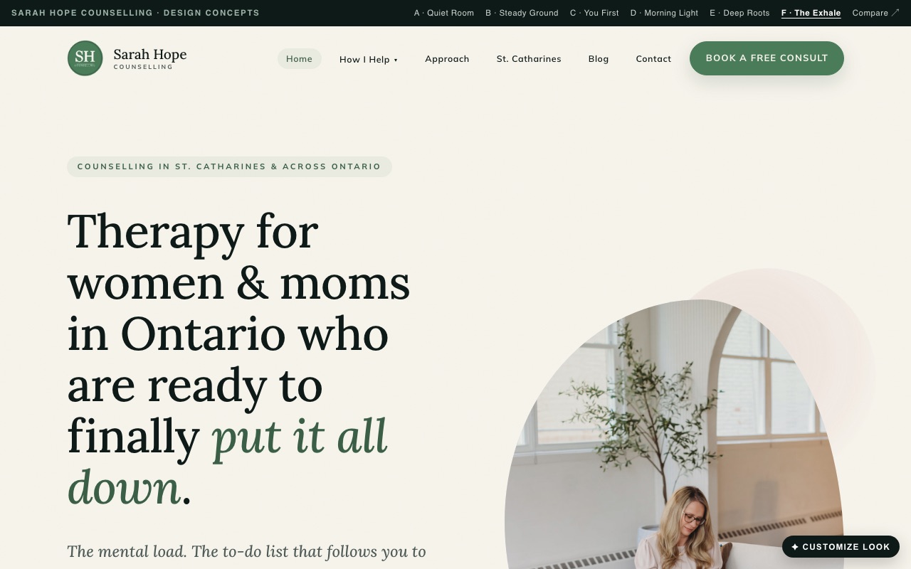Above-the-fold preview of The Exhale homepage